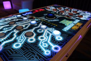 Close up of the start button on the Neuron Race Reaction Game.