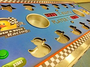 Close up of the playing surface of a steady hand game named Pluck A Duck Racing.