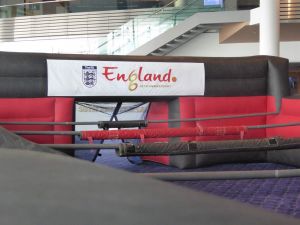 Inflatable human table football game complete with England branding for an indoor event at Wembley Stadium in London