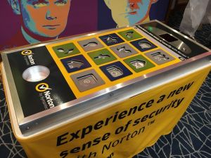 Tap The App Game customised with branding for Norton Internet Security at a conference event in London. The game is customised with branded playing surface and yellow table skirt.