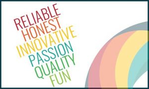 Graphic of Xtreme Vortex events logo with bright, vibrant colours on the company values