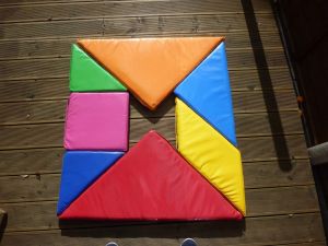 Tangram puzzle being used for a team building event where participants have created a circular shape.