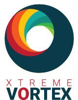 Bright logo for event company Xtreme Vortex with a large circle with six different key colours.