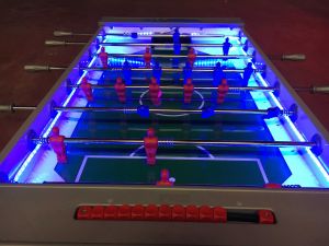 LED football table with multi coloured LEDs displaying the blue function