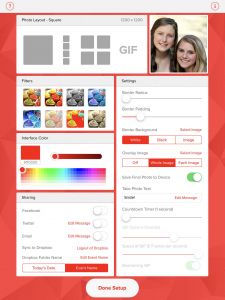 Screen shot of the different settings available on the Social Media Photo Booth. Options include custom layouts or gif formats