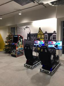 2 x Player Race Sims and Arcade Machine set up with Christmas Tree
